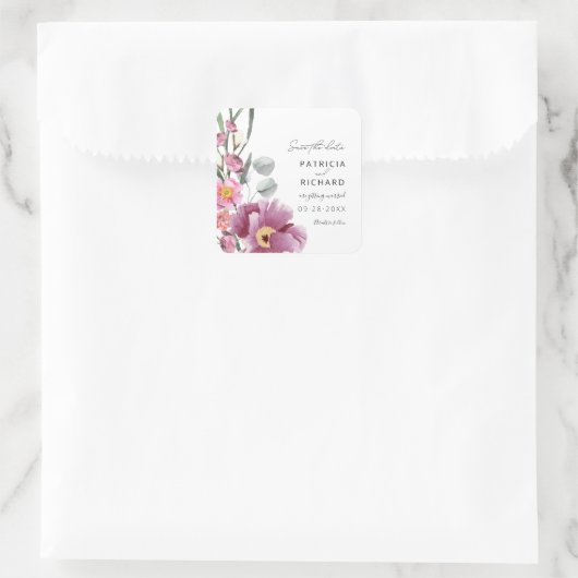 水の色ワイルドフラワーウェディング日付を保存 スクエアシール (バッグ)