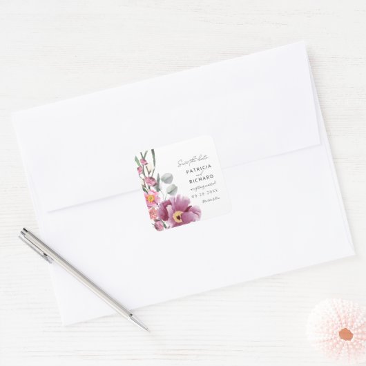 水の色ワイルドフラワーウェディング日付を保存 スクエアシール (封筒)