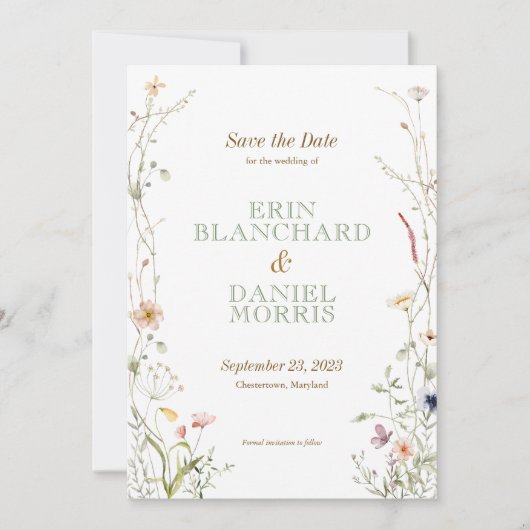 水の色ワイルドフラワーウェディング日付を保存 招待状 (正面)