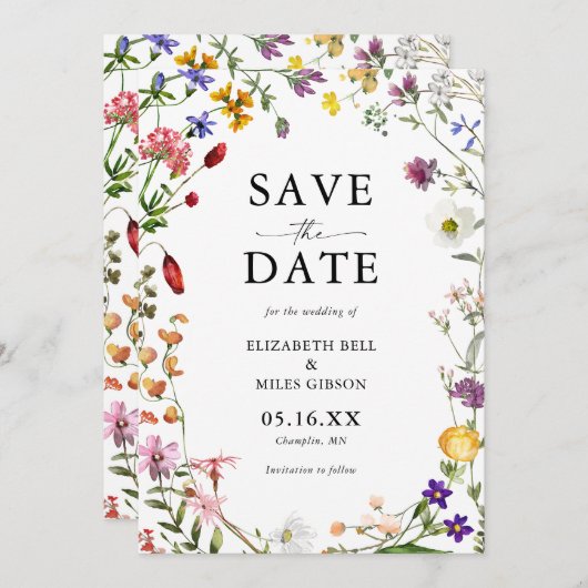 水の色ワイルドフラワーウェディング日付を保存 招待状 (正面/裏面)