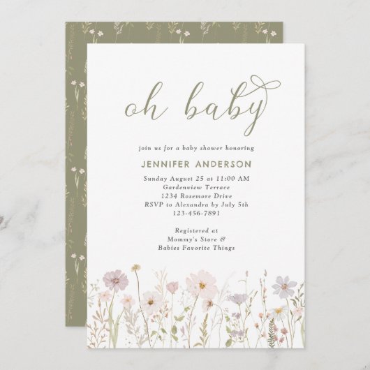水の色ワイルドフラワーオベビースクリプトシャワー 招待状 (正面/裏面)