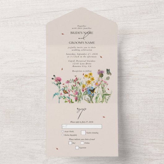 水の色ワイルドフラワーガーデンと虫結婚のInv オールインワン招待状 (内側)