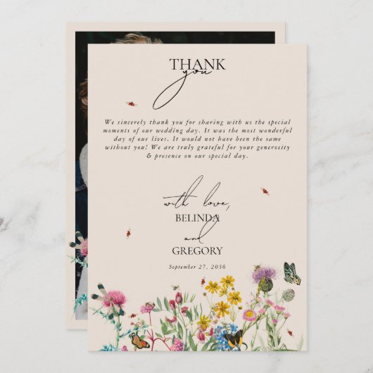 水の色ワイルドフラワーガーデンカップルの写真結婚の サンキューカード (正面/裏面)