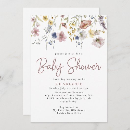水の色ワイルドフラワーガーデンベビーシャワー 招待状 (正面/裏面)