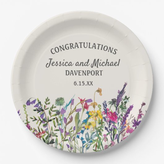 水の色ワイルドフラワークリーム結婚ズ ペーパープレート (正面)