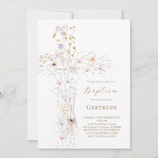 水の色ワイルドフラワークロス洗礼招待状 招待状 (正面)