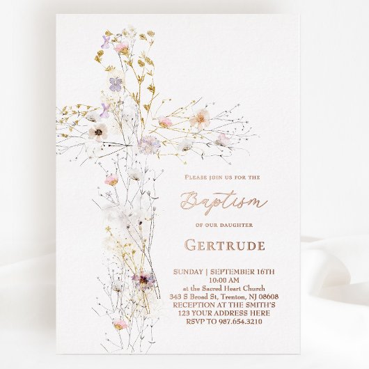 水の色ワイルドフラワークロス洗礼招待状 箔招待状