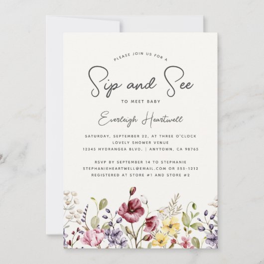 水の色ワイルドフラワーシップと参照ベビーシャワー 招待状 (正面)