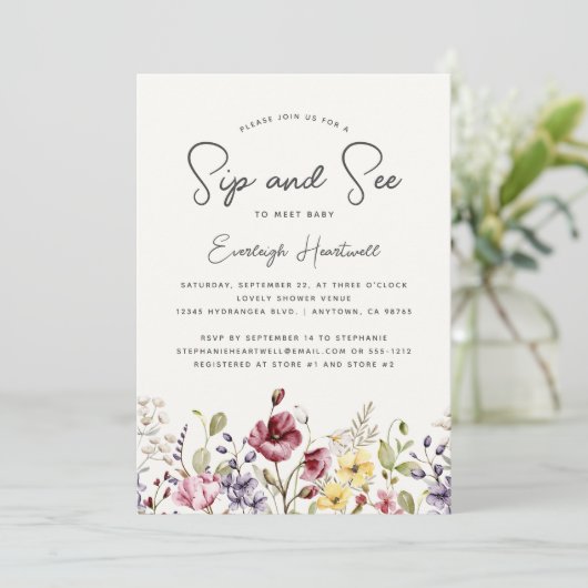 水の色ワイルドフラワーシップと参照ベビーシャワー 招待状 (スタンド正面)