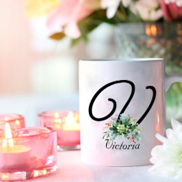 水の色ワイルドフラワースクリプト黒のコーヒーマグ コーヒーマグカップ