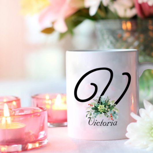 水の色ワイルドフラワースクリプト黒のコーヒーマグ コーヒーマグカップ