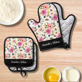 水の色ワイルドフラワースタイリッシュギフト 鍋つかみ&鍋敷きセット