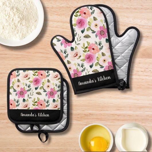 水の色ワイルドフラワースタイリッシュギフト 鍋つかみ&鍋敷きセット