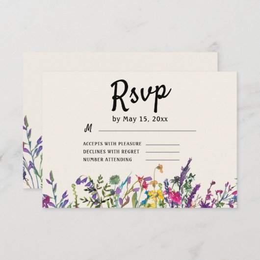 水の色ワイルドフラワーズボホーカントリーウェディングRSVP 出欠カード (正面/裏面)