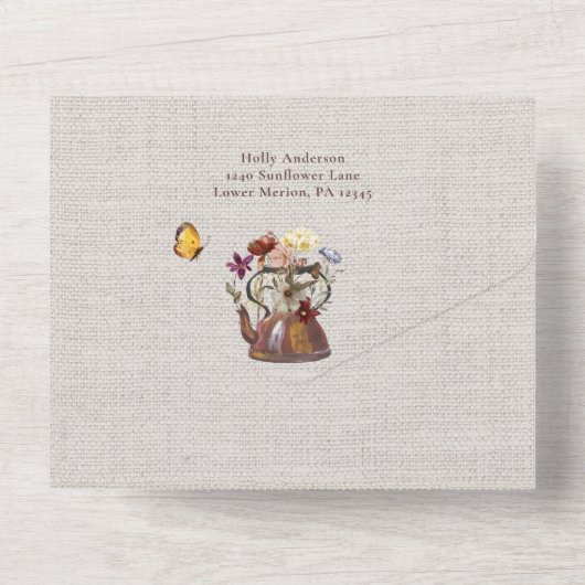 水の色ワイルドフラワーティーパーティーブライダルシャワー オールインワン招待状 (裏面)