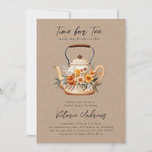 水の色ワイルドフラワーティーパーティーブライダルシャワー 招待状 (正面)