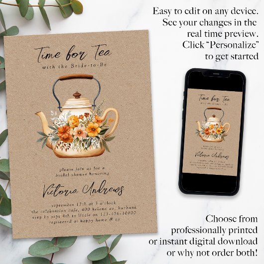 水の色ワイルドフラワーティーパーティーブライダルシャワー 招待状