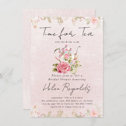 水の色ワイルドフラワーティーパーティーブライダルシャワー 案内状 (正面/裏面)