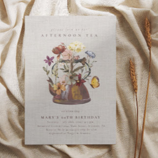 水の色ワイルドフラワーティーパーティー誕生日 招待状