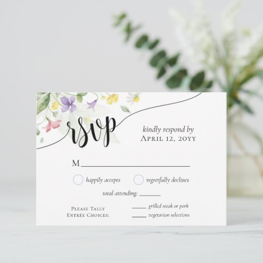 水の色ワイルドフラワーディナーチョイス結婚ブルー 出欠カード (スタンド正面)