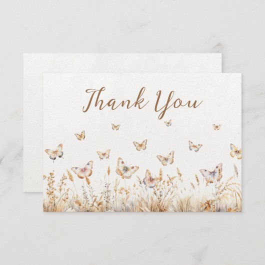 水の色ワイルドフラワーバタフライボホベイビーシャワー サンキューカード (正面/裏面)