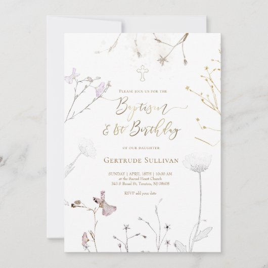 水の色ワイルドフラワーバプテスマ&誕生日 招待状 (正面)