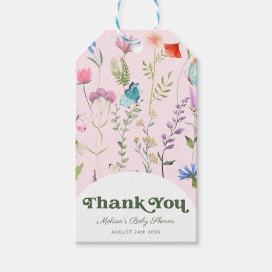 水の色ワイルドフラワーピンク赤ちゃんシャワーありがとう ギフトタグ (正面)