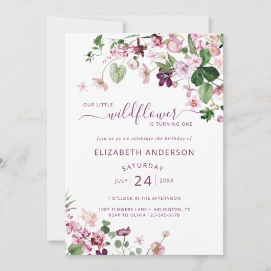 水の色ワイルドフラワーファースト誕生日招待状 招待状 (正面)
