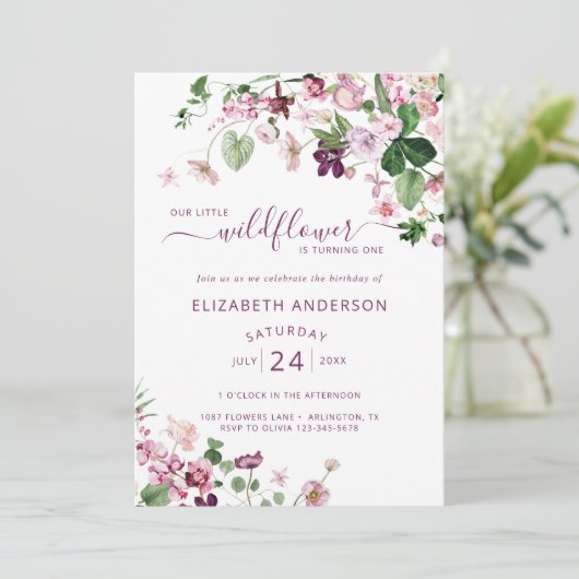 水の色ワイルドフラワーファースト誕生日招待状 招待状 (スタンド正面)