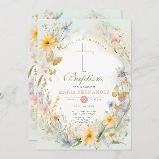 水の色ワイルドフラワーフローラバプテスマ招待状 招待状 (正面/裏面)