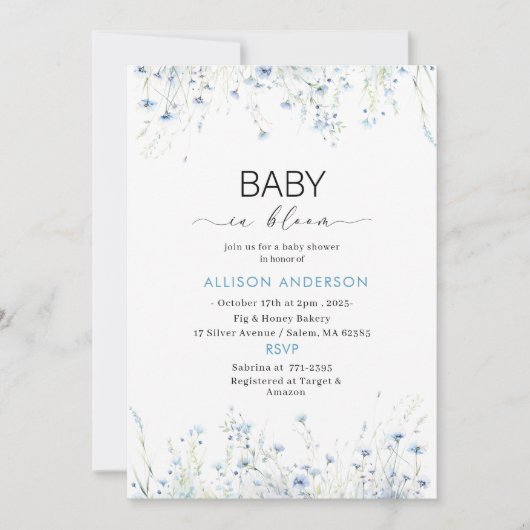 水の色ワイルドフラワーベビーで開花ベビーシャワー 招待状 (正面)