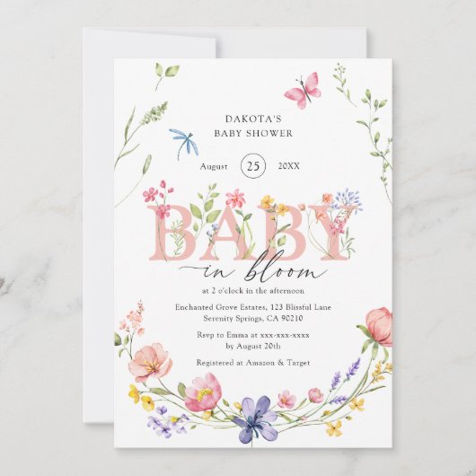 水の色ワイルドフラワーベビーで開花ベビーシャワー 招待状 (正面)