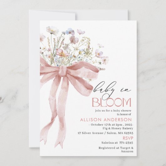 水の色ワイルドフラワーベビーで開花ベビーシャワー 招待状 (正面)