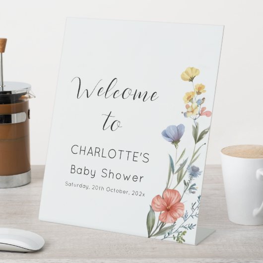 水の色ワイルドフラワーベビーシャワーへようこそ 台座サイン (インサイチュ)