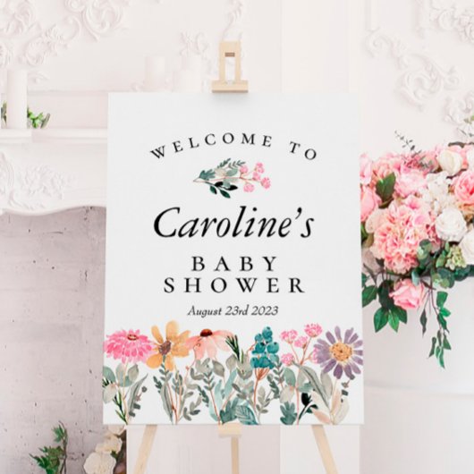 水の色ワイルドフラワーベビーシャワーウェルカムサイン ポスター