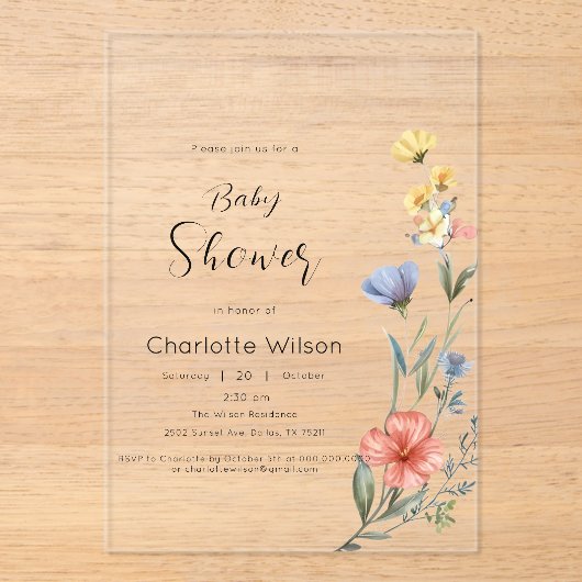 水の色ワイルドフラワーベビーシャワー アクリル招待状 (正面)