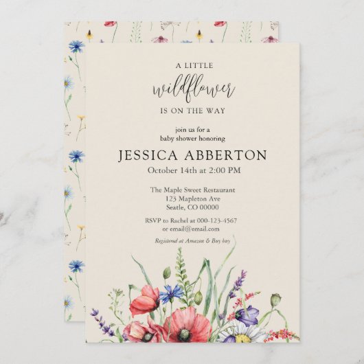 水の色ワイルドフラワーベビーシャワー 招待状 (正面/裏面)
