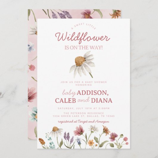 水の色ワイルドフラワーベビーシャワー 招待状 (正面/裏面)
