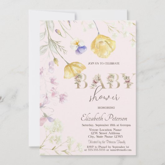 水の色ワイルドフラワーベビーシャワー 招待状 (正面)
