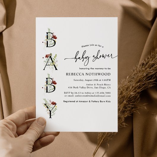 水の色ワイルドフラワーボホベイビーシャワー招待状 招待状