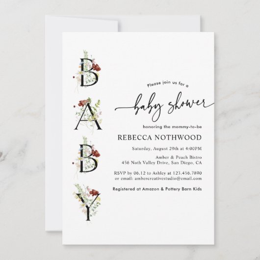 水の色ワイルドフラワーボホベイビーシャワー招待状 招待状 (正面)