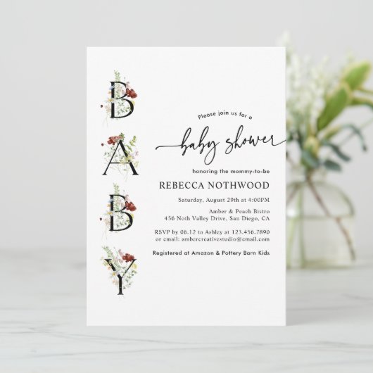 水の色ワイルドフラワーボホベイビーシャワー招待状 招待状 (スタンド正面)