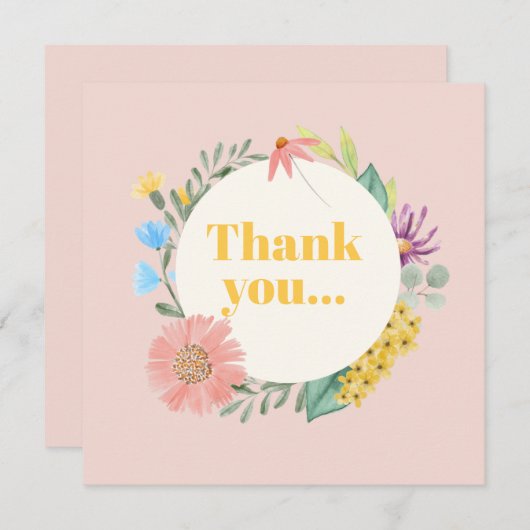 水の色ワイルドフラワーリース第1誕生日 サンキューカード (正面/裏面)