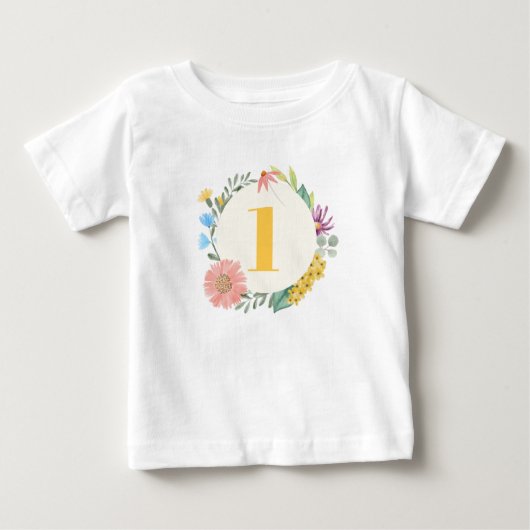 水の色ワイルドフラワーリース第1誕生日 ベビーTシャツ (正面)