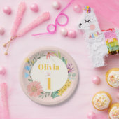 水の色ワイルドフラワーリース第1誕生日 ペーパープレート (パーティー)