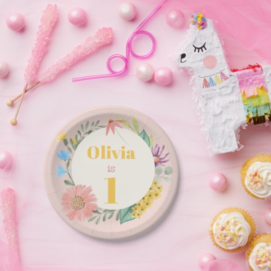 水の色ワイルドフラワーリース第1誕生日 ペーパープレート (パーティー)