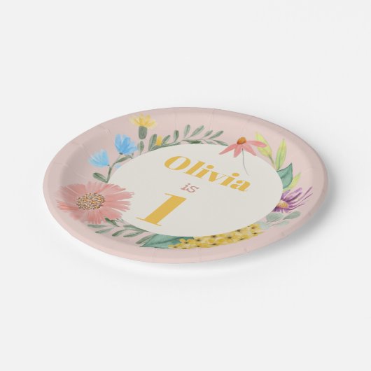 水の色ワイルドフラワーリース第1誕生日 ペーパープレート (アングル)