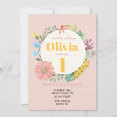 水の色ワイルドフラワーリース第1誕生日 招待状 (正面)