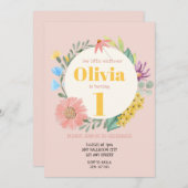 水の色ワイルドフラワーリース第1誕生日 招待状 (正面/裏面)