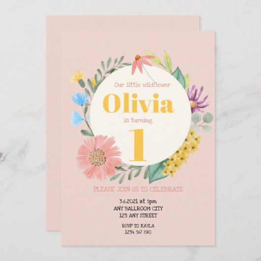 水の色ワイルドフラワーリース第1誕生日 招待状 (正面/裏面)